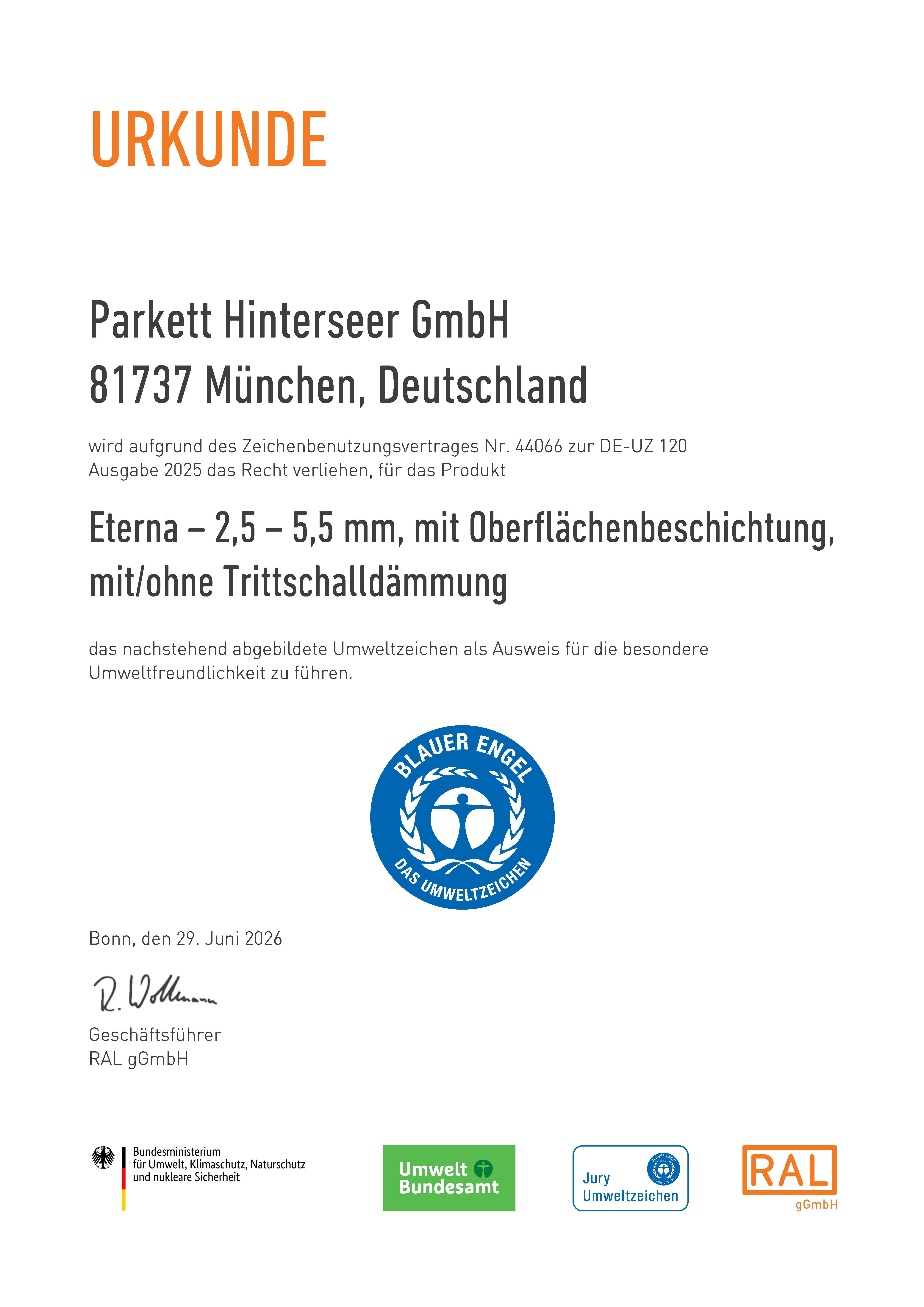 Urkunde Blauer Engel